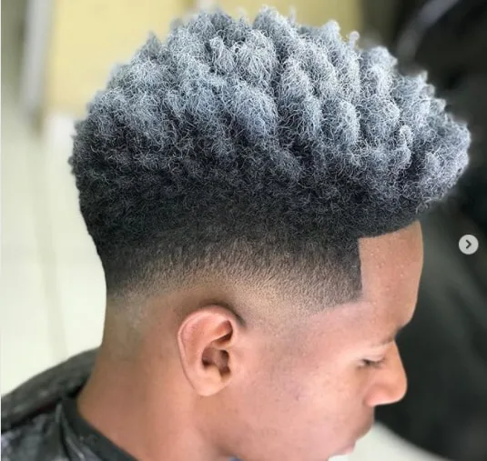 White Kinky Curl with Mid Fade Black Boy Haircut
