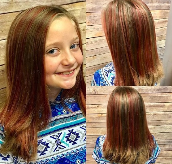 Red Color Strip In Medium Length Hair