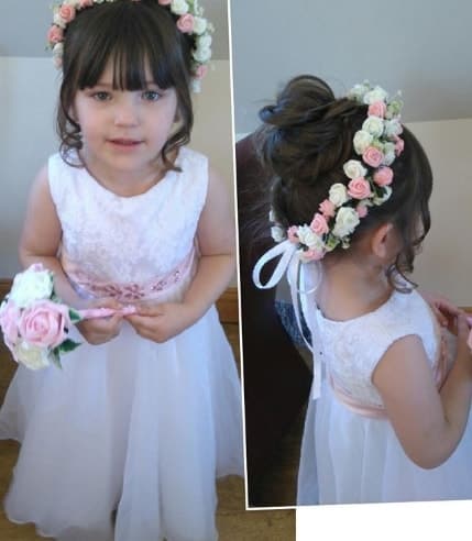 Forward Swept Fringe With Top Bun And Flowers