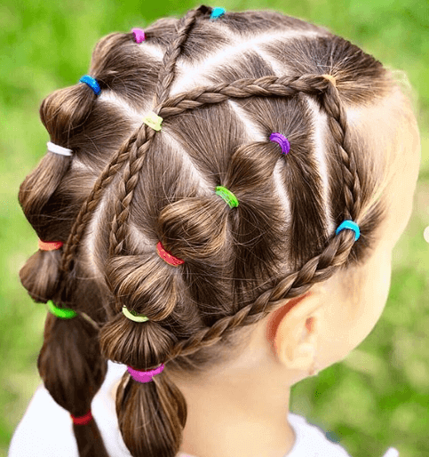 Center Parted Hairstyle With Cross Braids And Sectioned Ponytails