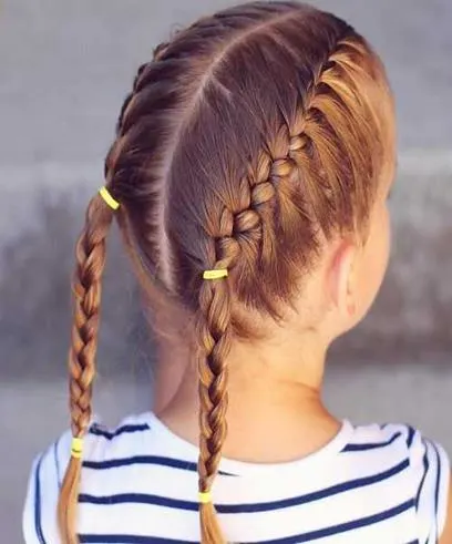 Center Parted Hairstyle With Braided Tails