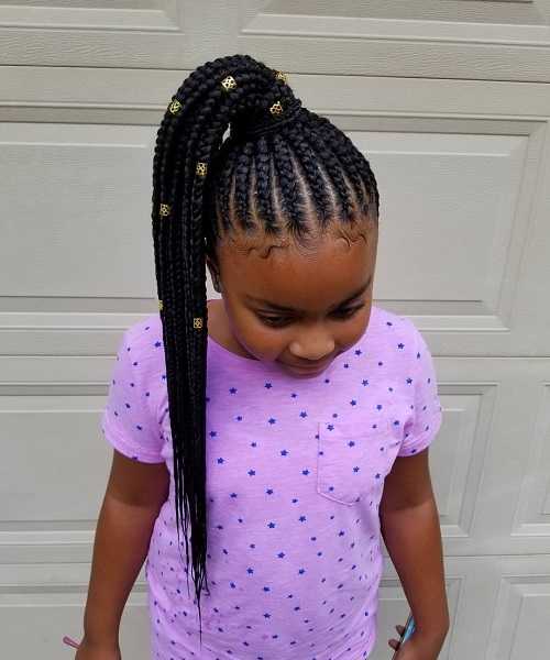 Straight Cornrows With Accessorized High Tail