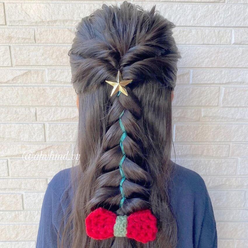 Beautiful Braided Hairstyle With Nice Christmas Ribbons