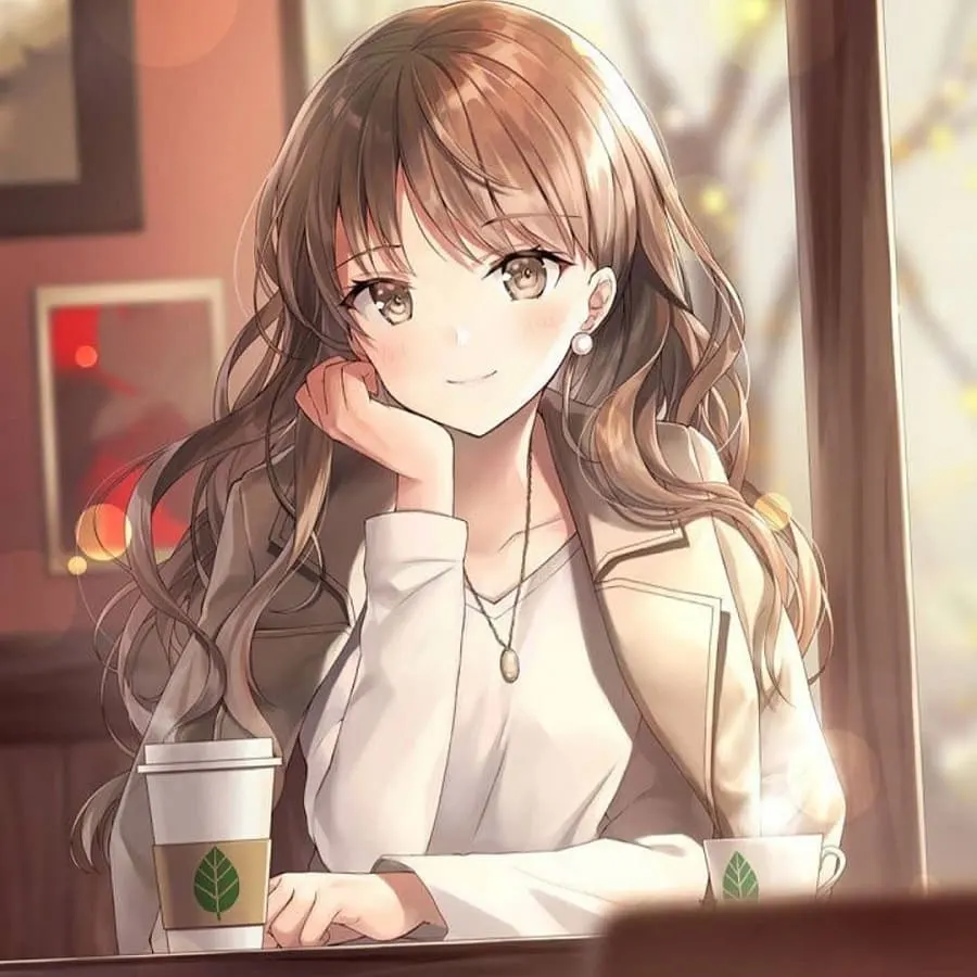 anime girl with long brown wavy hair