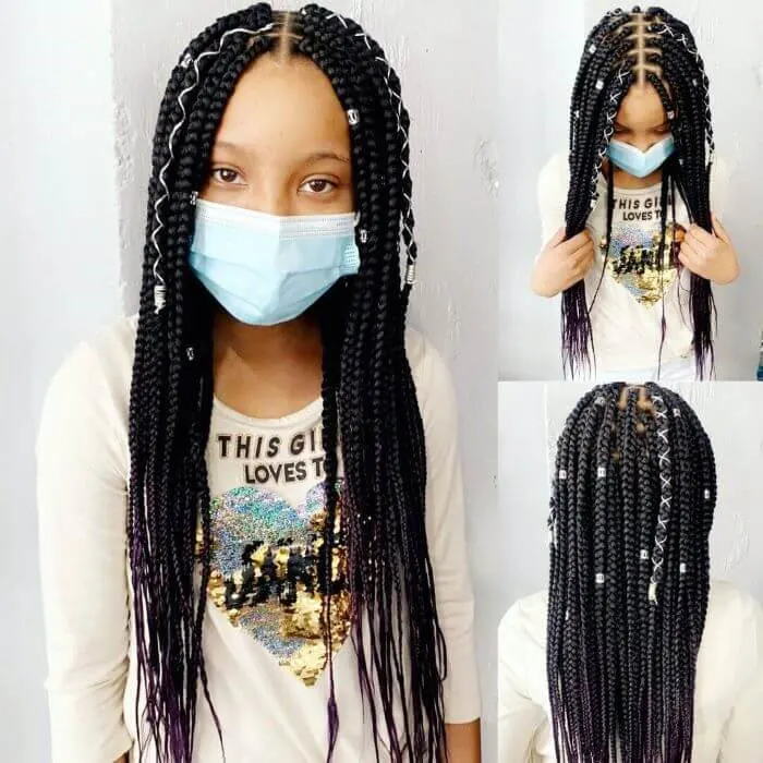 Center-Parted Box Braids With Beads and Ribbons