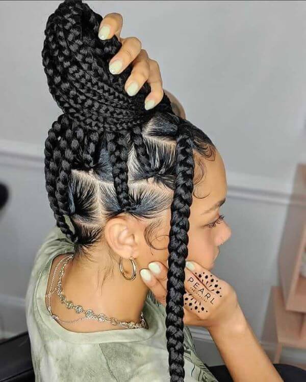 Box Braids With A Massive Top Bun